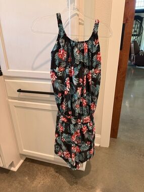 BloomChic Black Floral Tropical Swimsuit Romper with Red Flowers & Teal Leaves